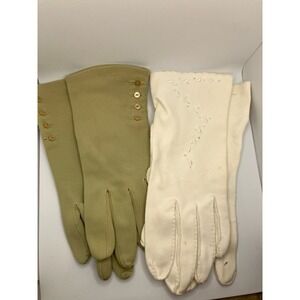 Vintage Gloves Lot of 2 Pair Green White Embroidered Women Sz 7 (?) Button Pearl
